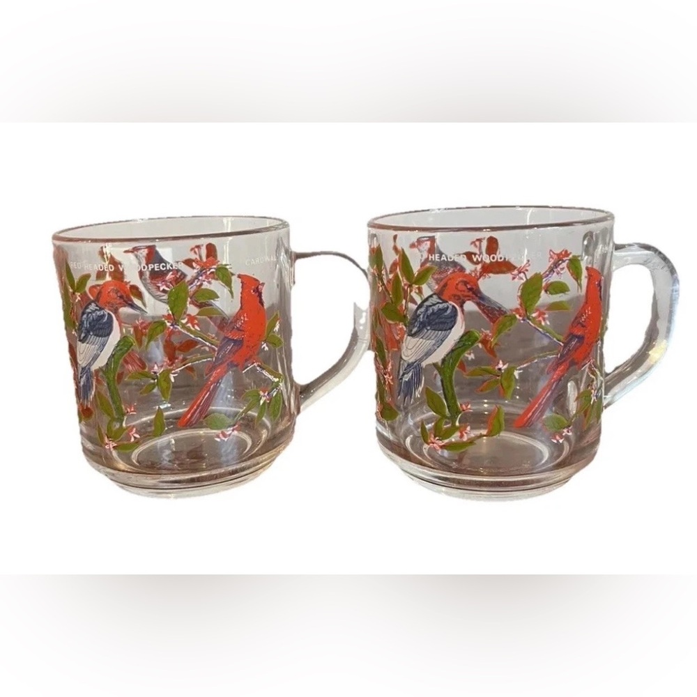 Vintage Arcoroc Bird‎ Glass Mug Cup Cardinal Blue Jay Woodpecker Set Pair 70s